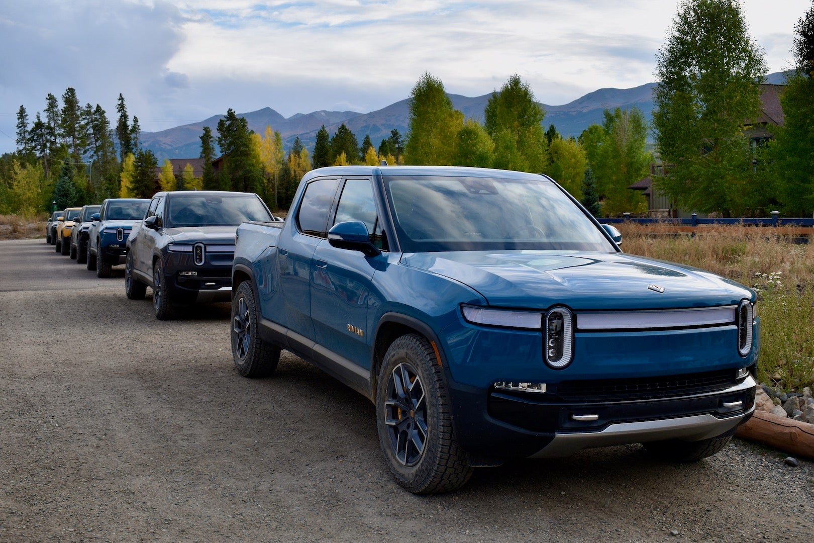 <p class="caption-title">2022 Rivian R1T Launch Edition lined up like ducks in a row</p>, <i>James Gilboy</i>