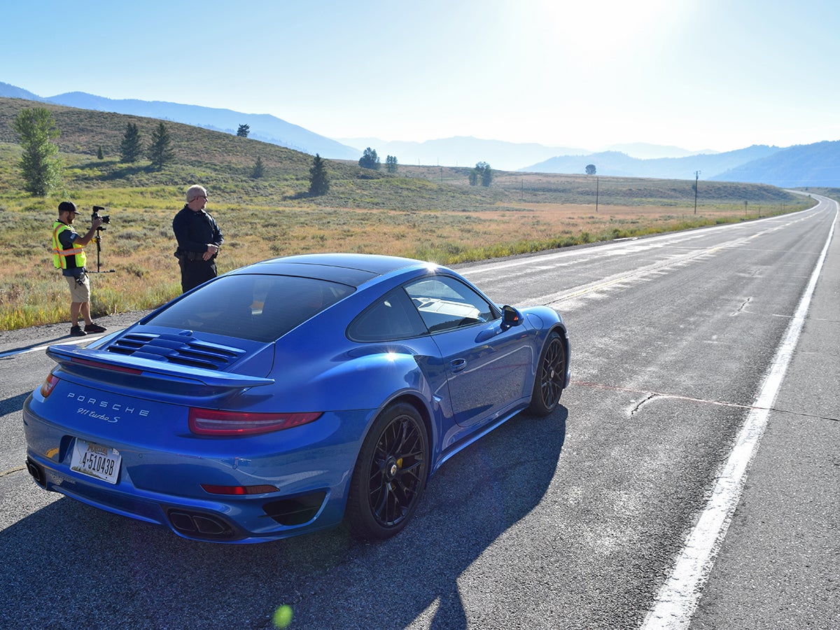 One of the two 991-generation Porsche 911 Turbo S coupes to compete at the event prepares to launch.