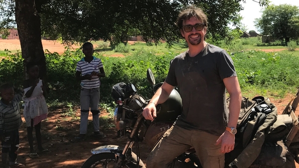 Richard Hammond poses with motorcycle while filming <em>The Grand Tour</em>