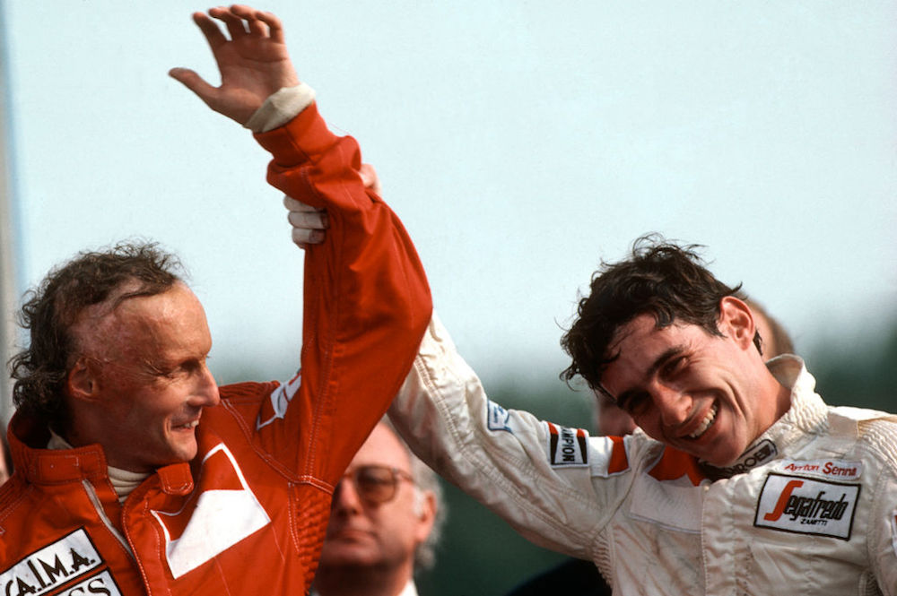 1984: The Brazilian celebrates his third place at the Grand Prix of Britain, where Niki Lauda emerged victoriously