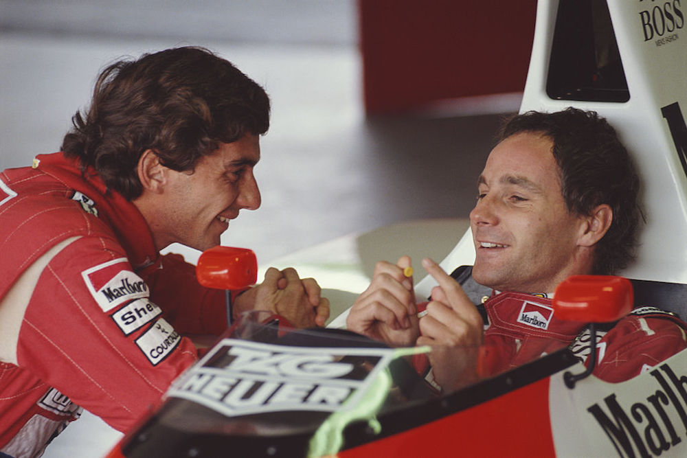 1990: Joking around with Gerhard Berger during the 1990 pre-season testing in Imola, Italy