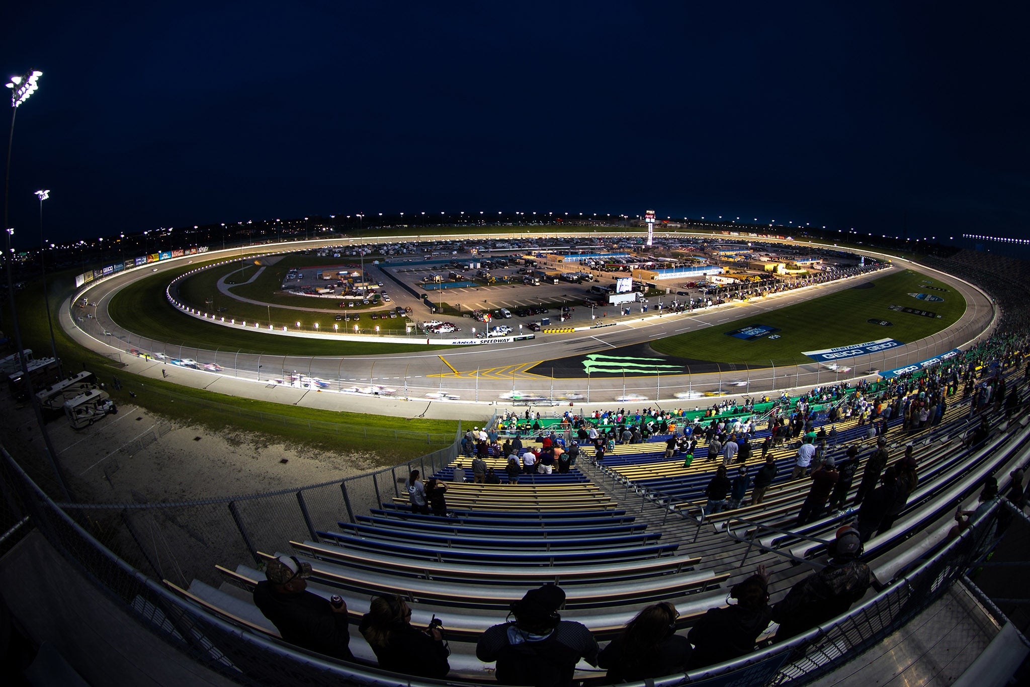 <p class="caption-title">NASCAR Camping World Truck Series - Wise Power 200</p>, Night falls over the Kansas Speedway during the Wise Power 200 on May 1st, 2021 at the Kansas Speedway in Kansas City, Kansas., <i>William Purnell/Icon Sportswire via Getty Images</i>