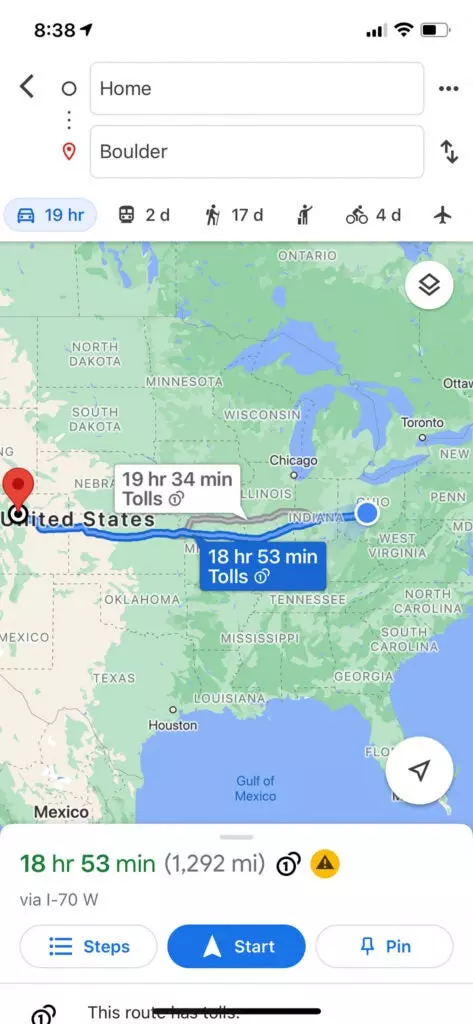 Map from Denver to Columbus