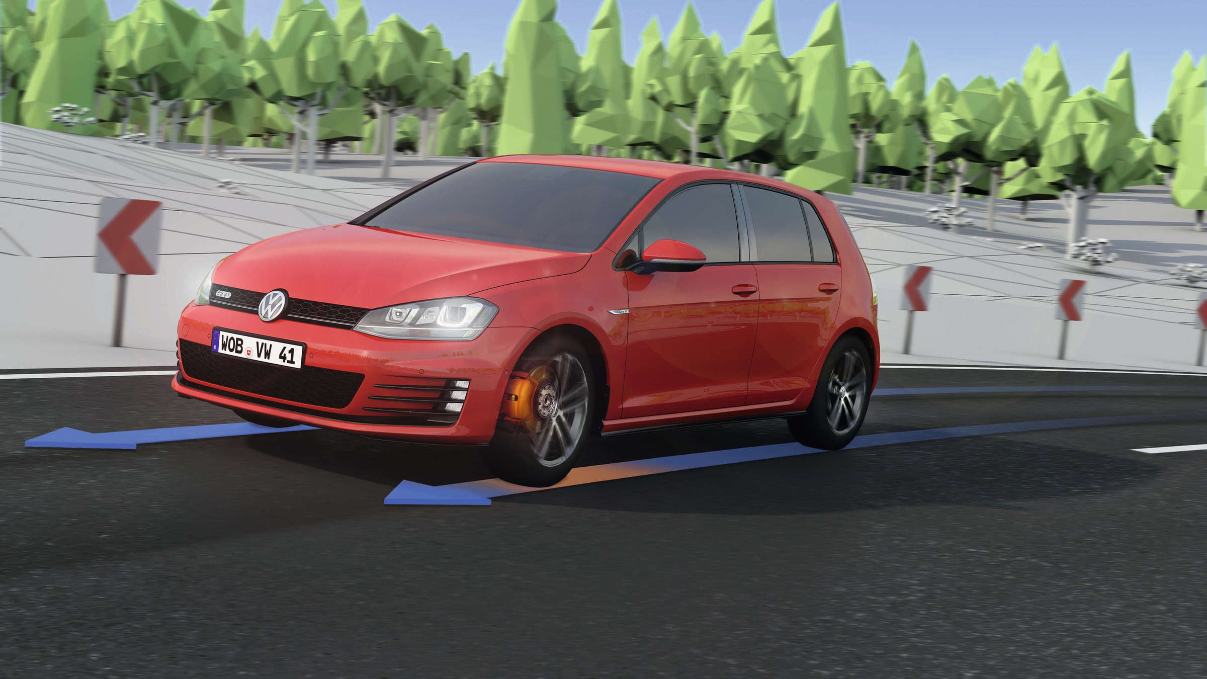 A red Mk7 VW GTI driving through a corner. Arrows in front of the front tires indicate the torque of each wheel.