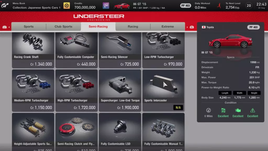 Menu screen for car modification in Gran Turismo 7, also called Understeer Engineering.