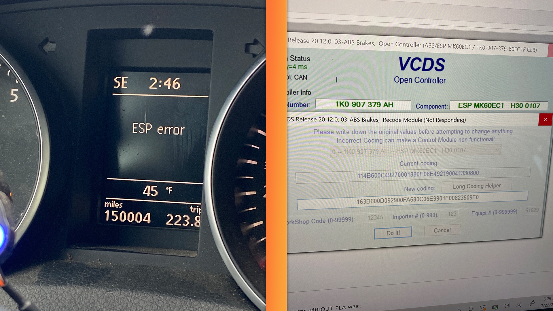 A dashboard display of an "ESP error."