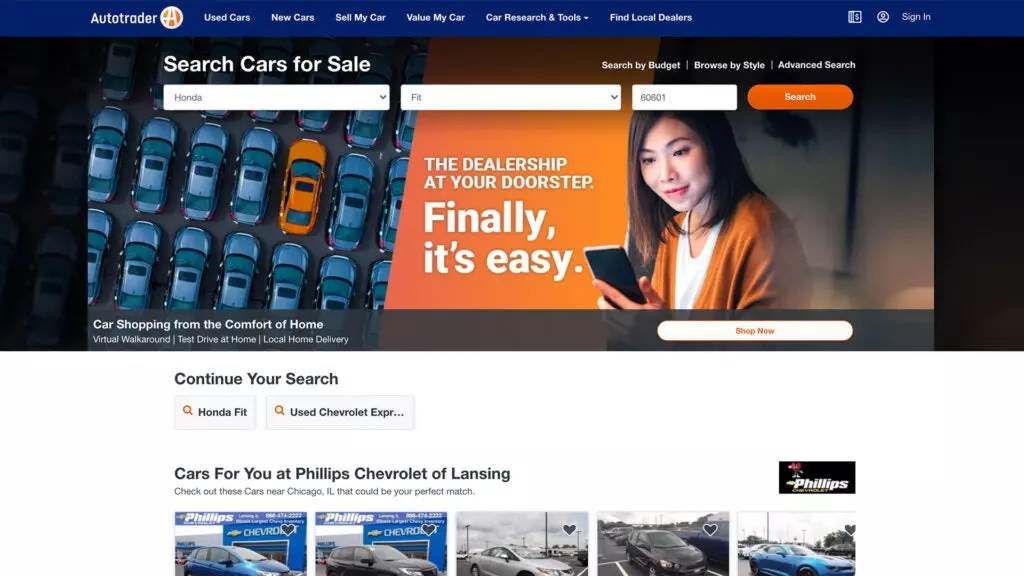 The Autotrader.com homepage.