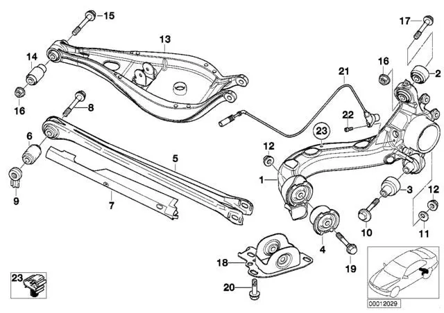 Parts diagram for BMW E46 rear suspension.