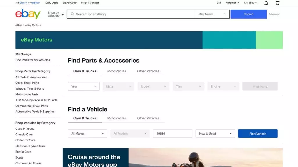 The eBay Motors homepage.