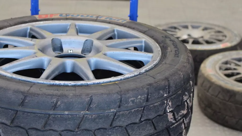 Used tires at a racetrack.