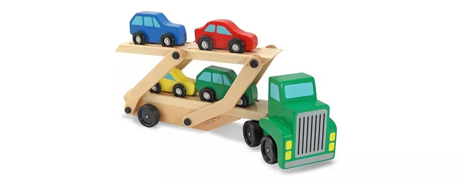 melissa & doug car carrier truck and cars wooden toy set