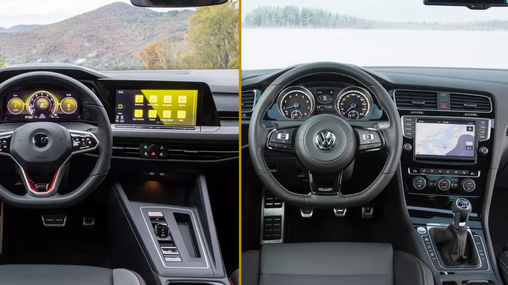 Side-by-side comparison of the seventh and eighth generation Volkswagen GTI interior.