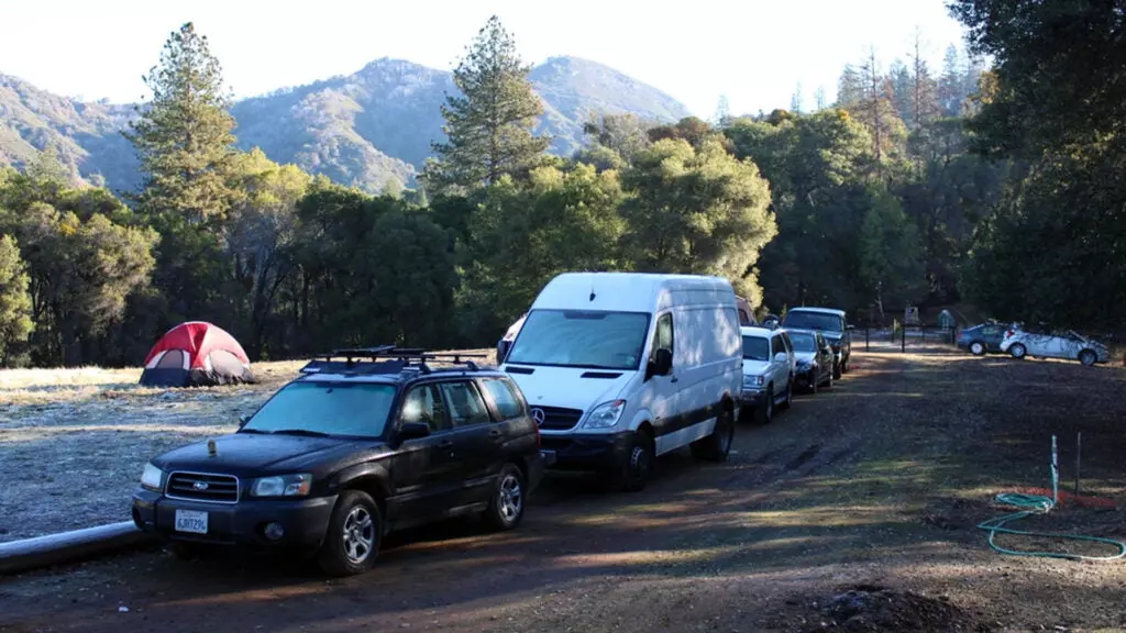 A caravan of cars and campervans at a campsite in California.
