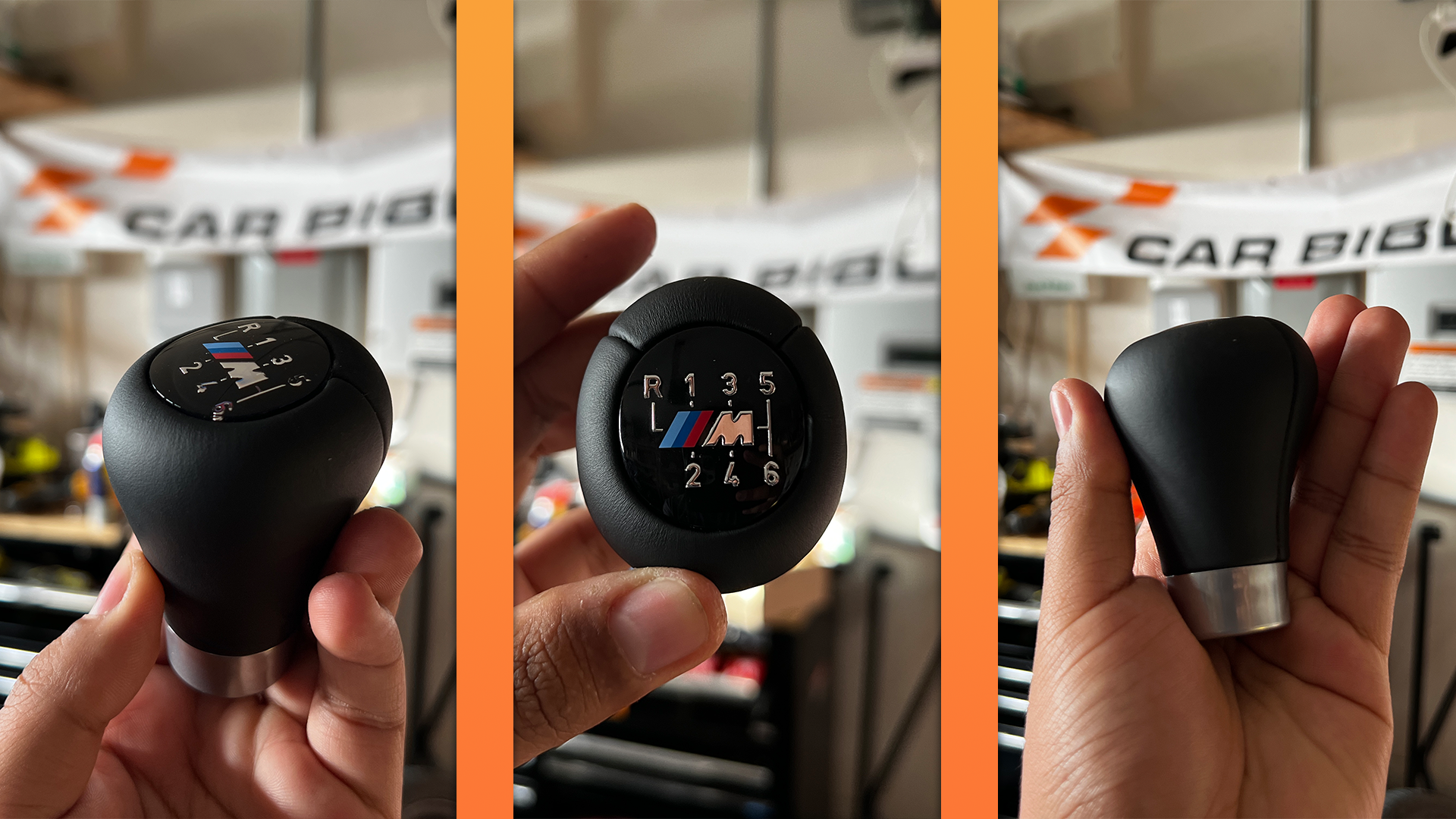 Three images of a BMW shift knob. It is wrapped in black leather and has a silver collar around the bottom. It has an H-pattern printed on the top with 6 forward gears and reverse gear forward and to the left of first. In the middle of the pattern, a stylized BMW M logo is printed.