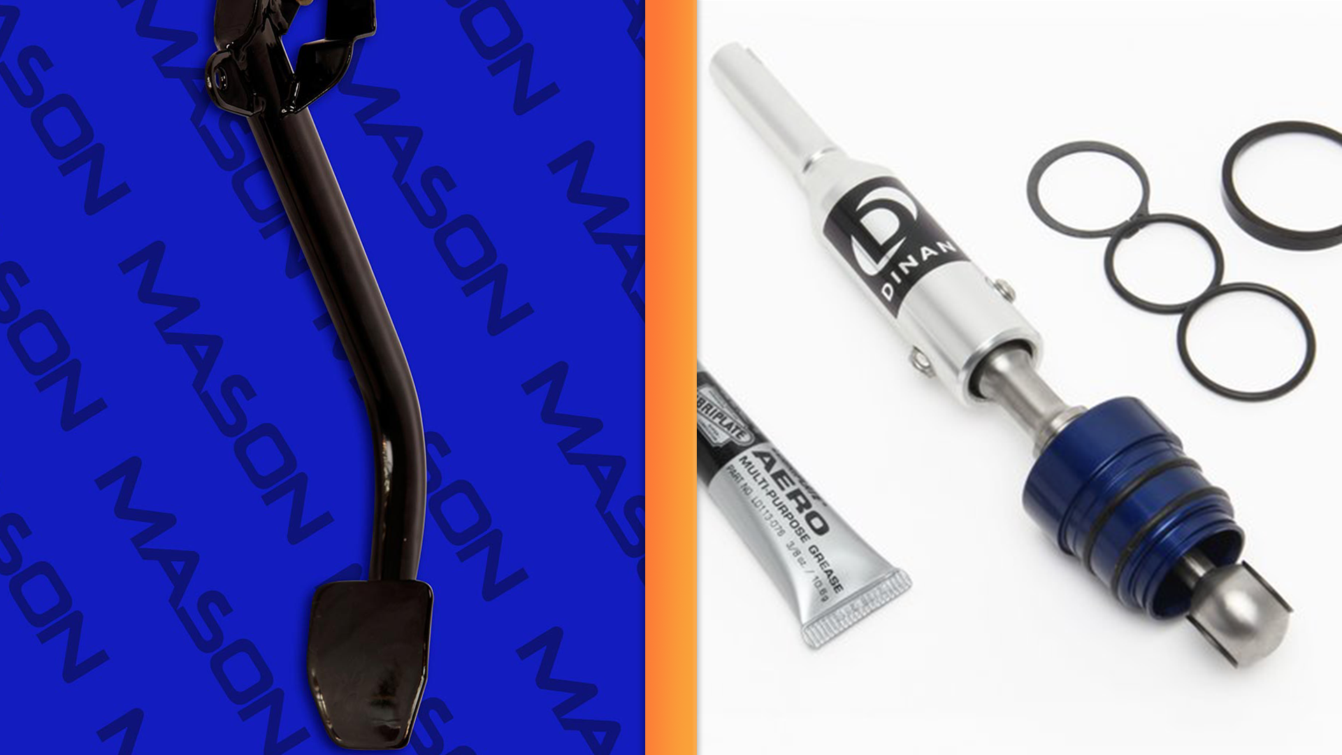 Two images. The one on the left is an image of a metal clutch pedal for a BMW and has a blue background with a repeating pattern that says "Mason." On the right, a shift lever made by aftermarket tuning company Dinan on a white background.